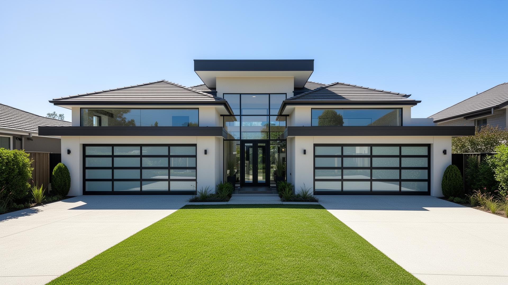 Modern contemporary home with aluminum glass panel garage doors in Oregon City